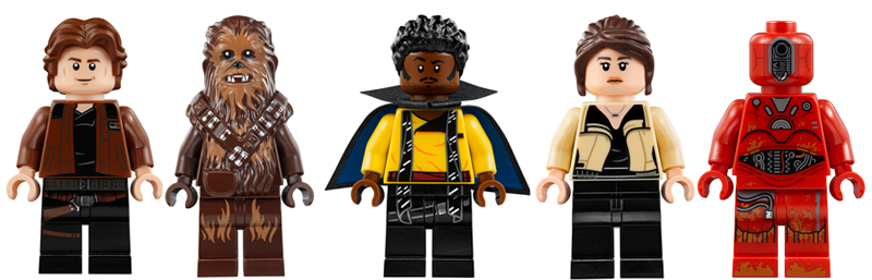 From Left to Right: Han, Chewbacca, Lando, Qi’ra, and a Kessel Droid.